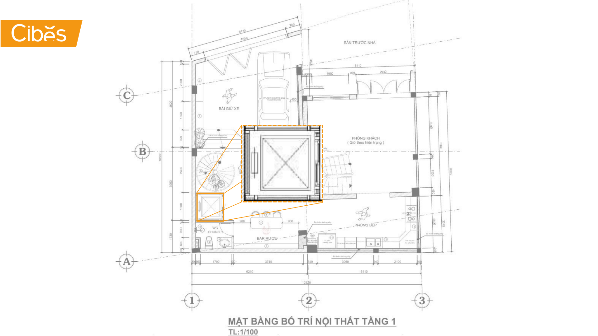 Thang máy Cibes được bố trí cạnh cầu thang bộ xoắn trong bản vẽ